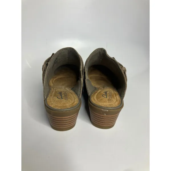 Clarks Collection Mules Womens 8.5W Taupe Excellent Leather Buckle‎ Block Heel - Image 5