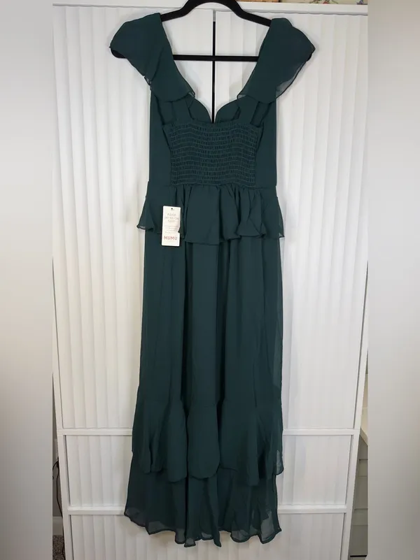 Show Me Your Mumu Reese Ruffle Emerald Green Satin Midi Dress XXS NWT - Image 6