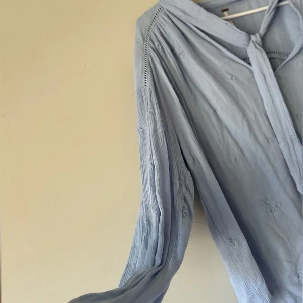Free People Blue Embroidered Wishful Moments Tie Neck Top Size Medium Boho - Image 7