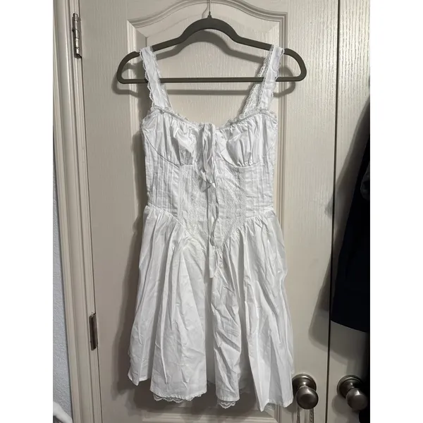 White Milkmaid Mini Dress Cottagecore Coquette Fairycore Western Ribbon Tie - Image 2