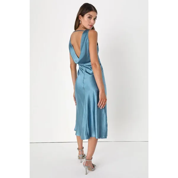 NEW Lulus Incredible Love Slate Blue Satin Cowl Back Midi Slip Dress Formal M - Image 5