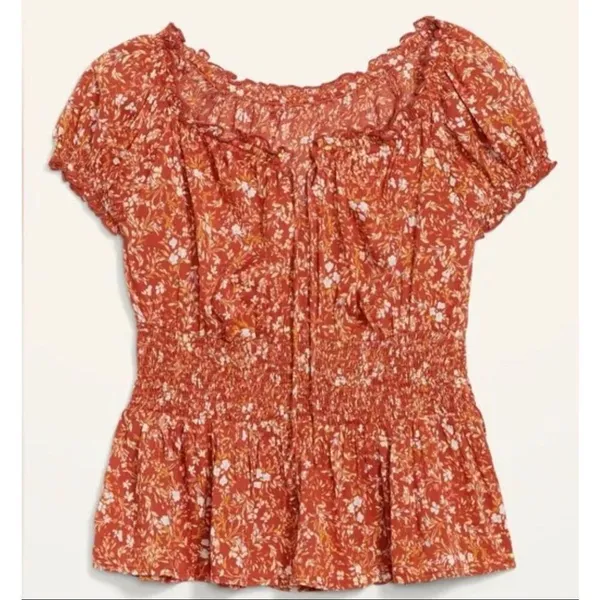 Old Navy orange floral puff sleeve smocked top size M - Image 2