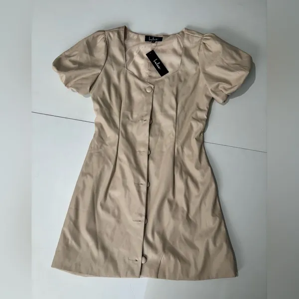 Lulus Beige Faux Leather Puff Sleeve Button Front Mini Dress - Image 4