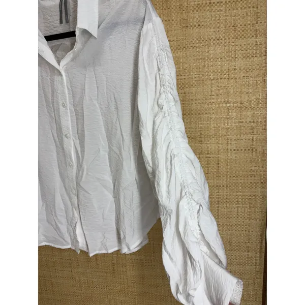 Anthropologie Ruched Sleeve Smocked Cuff Button Down Shirt Women Medium White - Image 4
