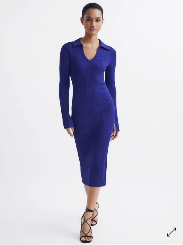 Reiss Blue Ronnie Collared Knitted Long Sleeve Ribbed Midi Bodycon Dress Size XS - Image 2