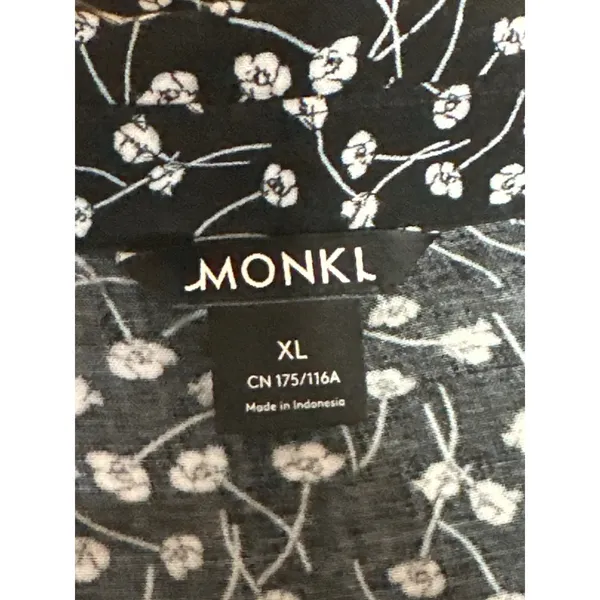 MONKL Black White Floral Long Sleeve Collared Pleated Midi Swing Dress Size XL - Image 4