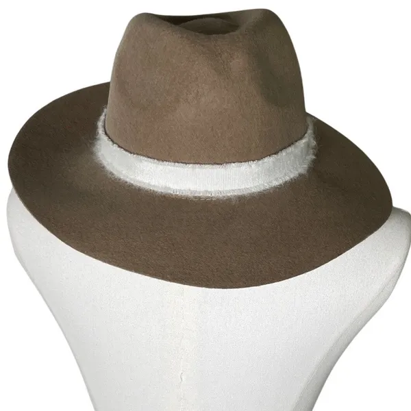 Wide Brim Rancher Fedora Hat Tan‎ Wool Felt White Band Boho Western OS - Image 4