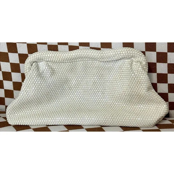 Vintage White Metal Mesh Clutch Purse Mid Century Gate Mouth Evening Bag Bridal - Image 2