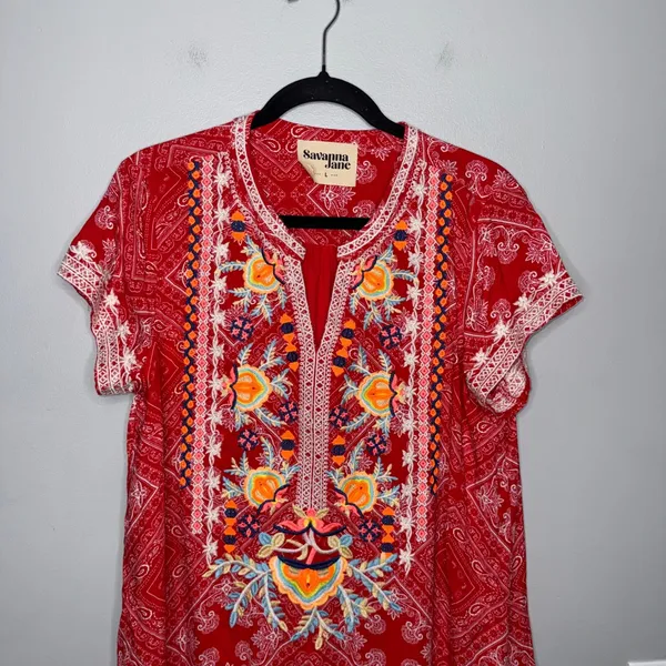 Savanna Jane Embroidered Bandana Print Dress Womens L Red Excellent Boho Tunic - Image 2