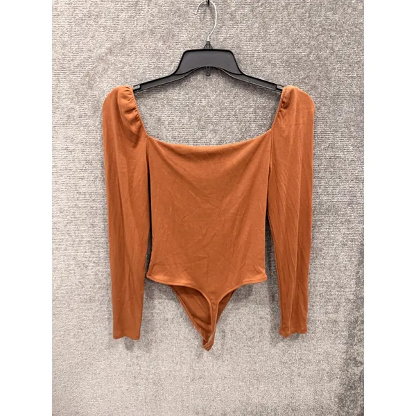 Wilfred Women Bodysuit L Copper Brown Cowl Neck Puffed Shoulder Ribbed 73611 - Image 8