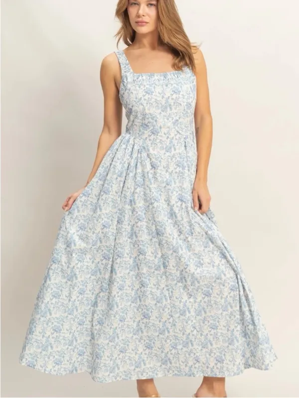HYFVE Blue Floral Cotton Empire Waist Maxi Dress Square Neck Cottagecore Large - Image 4