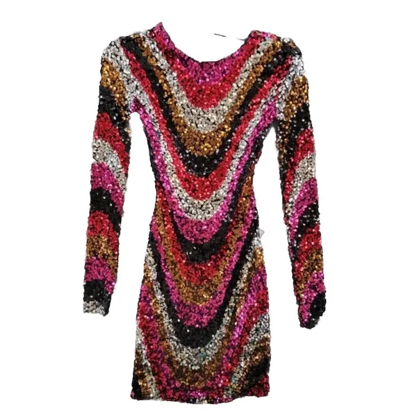 B DARLIN Sequined Low-Back Mini Dress Juniors XS Multi Crew‎ Neck Long Sleeve - Image 3