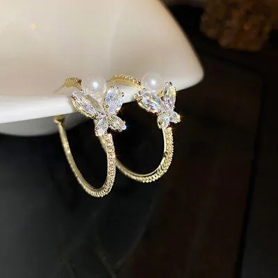 Women's Crystal Butterfly Pearl Half Hoop Earrings - Image 2