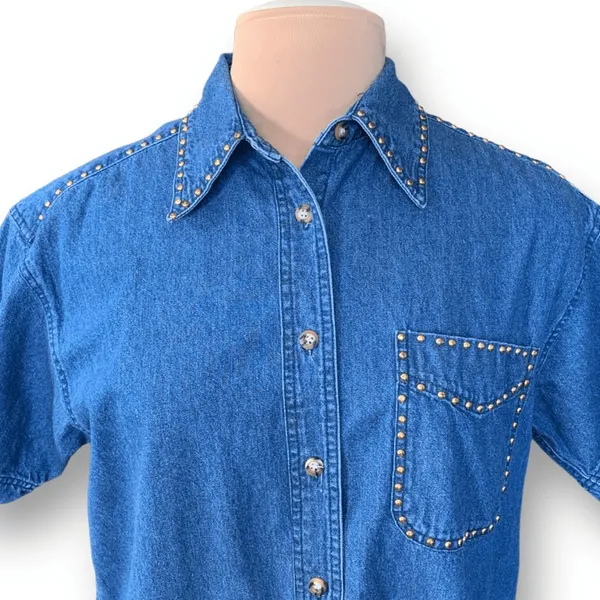 Vintage Studded Denim Western Shirt Medium Blue 90s Boho Festival‎ Cowgirl Top - Image 2