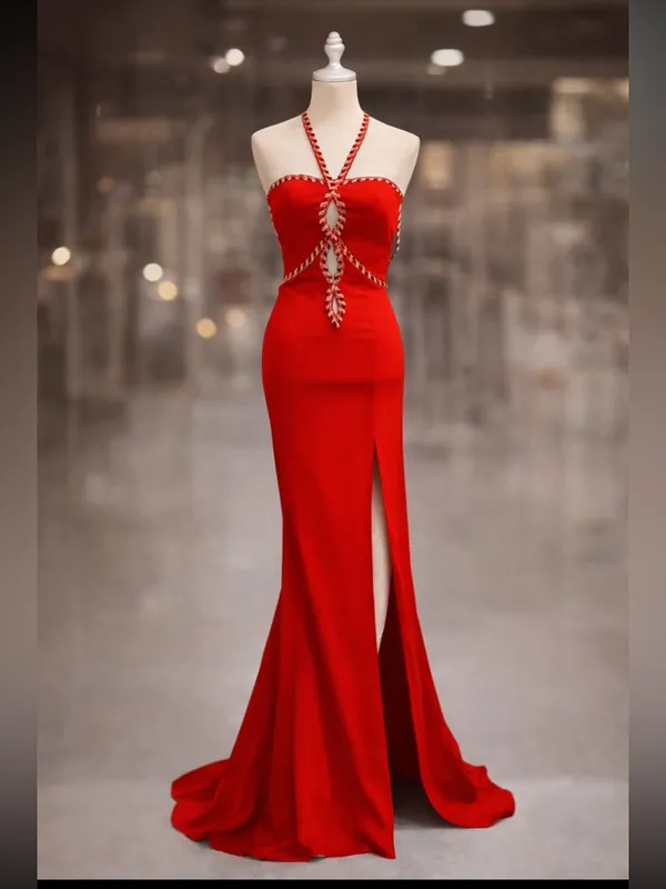 Alyce Paris Red Halter Maxi Dress Size 2 Beaded Keyhole High Slit NWT - Image 3