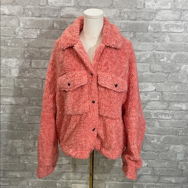 Free People We The Free Teddy Swing Coral Pink Faux Fur Jacket - Image 2
