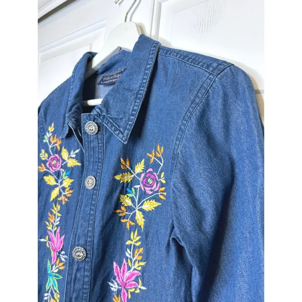 Willow Ridge Vintage NEW‎ Lightweight Floral Embroidered Denim Jacket Shirt - Image 3
