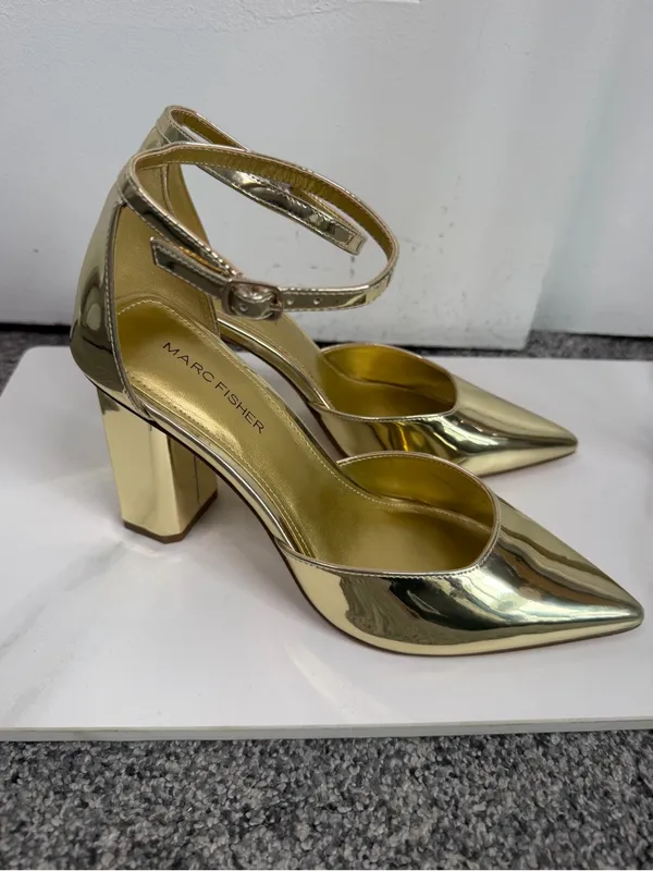 Marc Fisher Size 7M Gold Metallic Pointed Toe Ankle Strap Block Heels NWOT - Image 2