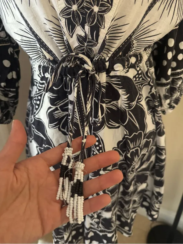 Farm Rio Black White Printed Puff Sleeve Mini Dress Small Boho Floral Resort - Image 5