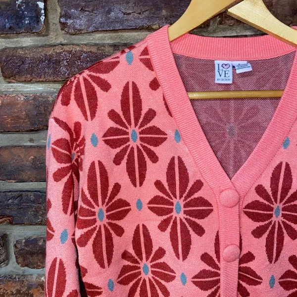 Love by Design Coral Pink Floral Cropped Cardigan Sweater Women's Size medium - Image 3