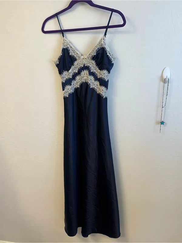 Lace-Trim Satin Slip Dress - Navy - Image 2