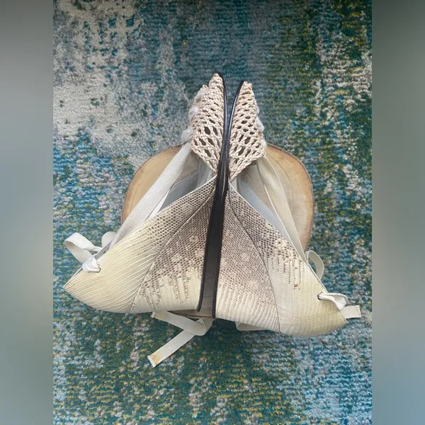 Diana Broussard snakeskin wedge woven ankle tie peep toe wedges, size 6.5M - Image 2