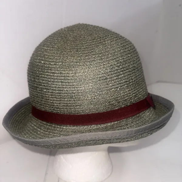 Goorin Bros Paper Woven Straw Fedora Hat Olive Green Burgundy Band Adult Small - Image 13