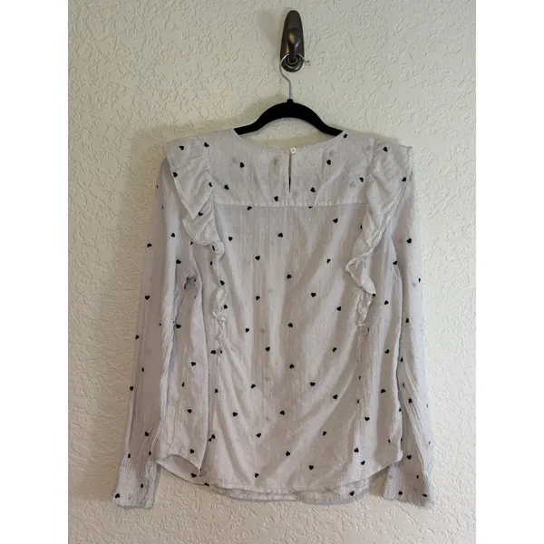 LOFT Blouse White M Womens Heart Print Ruffle Smocked Swiss Dot Long Sleeve - Image 8