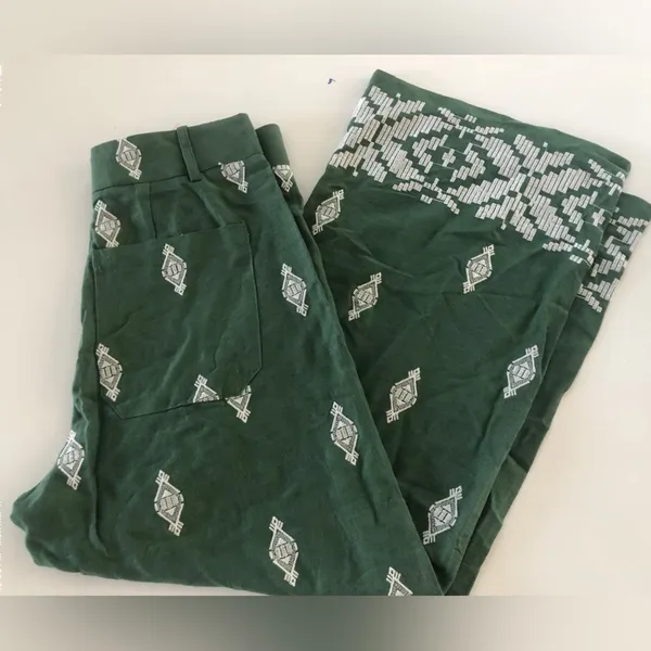 Zara Embroidered Palm Tree Culottes‎ Pants Size S Green White High Waist Linen - Image 4
