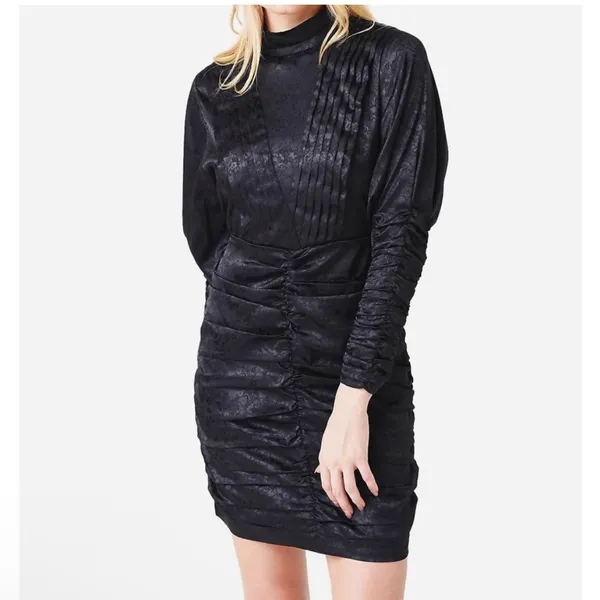 Hunter Bell New York Black Floral Jacquard Ruched Mini Dress Mock Neck‎ - Image 4