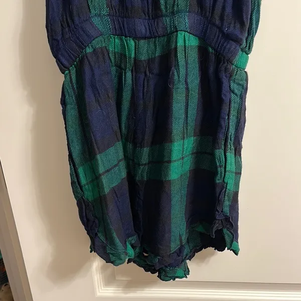 Aerie Navy Green Plaid Ruffle Strap Romper‎ with Velvet Tie S/P - Image 7
