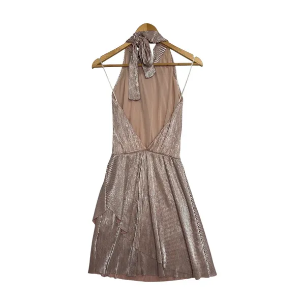 OML Mini Dress Womens Small Pink Metallic Pleated Halter Cocktail Party Sexy - Image 2