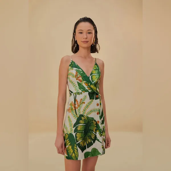 Farm Rio Tropical Forest Linen Mini Dress Green XS - Image 3