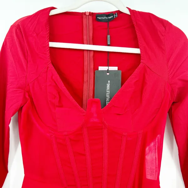 NWT PrettyLittleThing Womens Bodycon Corset Detail Ruched Midi Dress Size 4‎ Red - Image 4