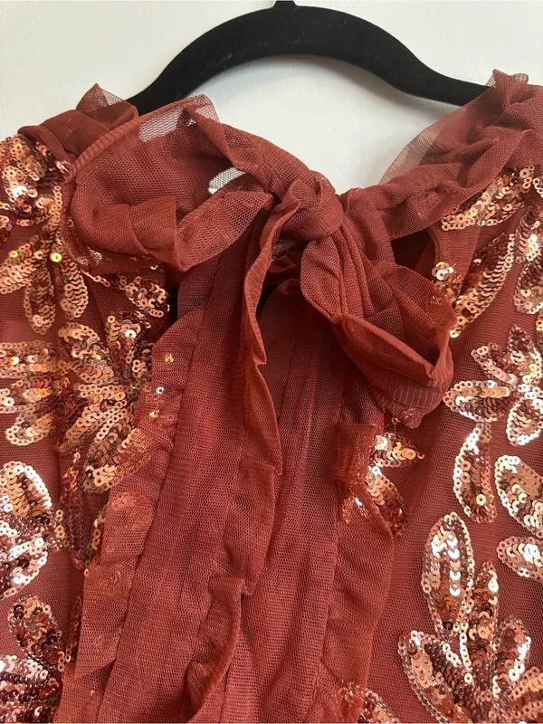 Anthropologie Floral Sequin Rust Orange Ruffle Tie Blouse Womens Large - Image 5