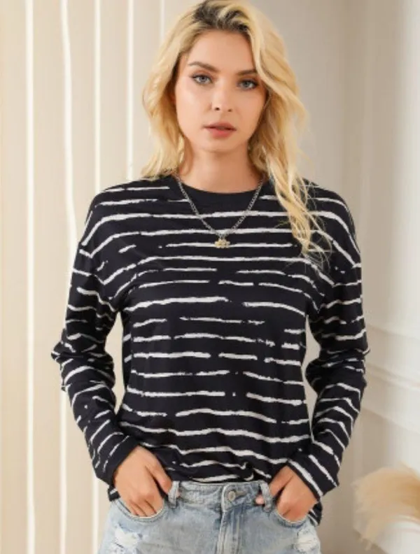 NEW Black Long Sleeve Casual Crewneck Top with White Abstract Stripes - Image 4