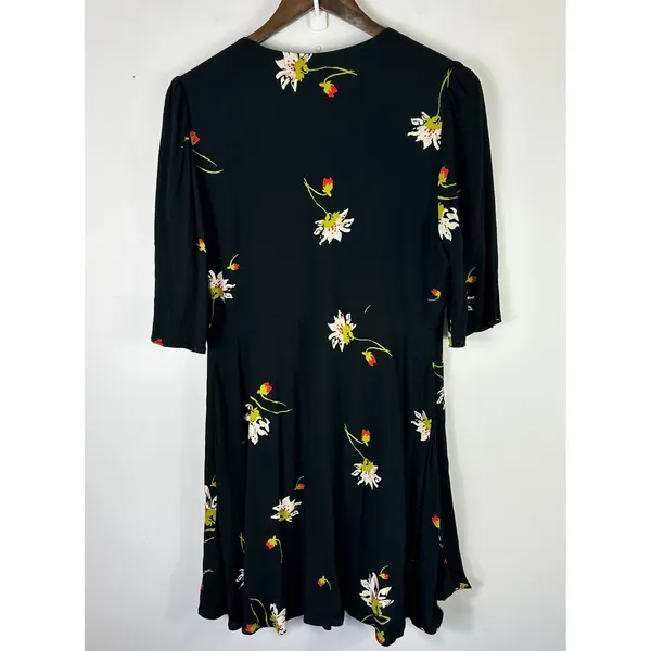 Free People Floral Black Wrap Dress Womens Medium Babydoll Boho Feminine Garden‎ - Image 3