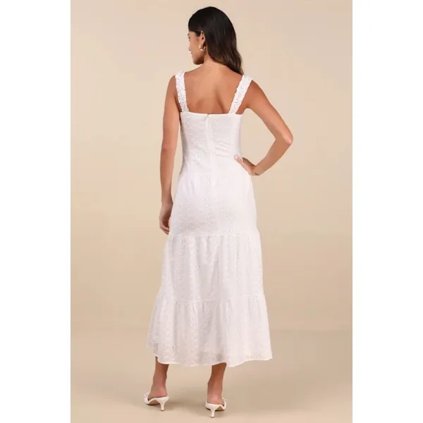 NWT Lulus Nerissa White Eyelet Embroidered Ruffle Drop Waist Midi Dress Tiered M - Image 3