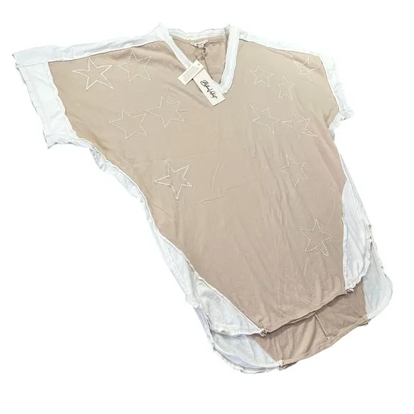 Blue Velvet Tan Star Embroidered V-Neck‎ Cotton Top Two-Tone Boho NEW Oversized - Image 4