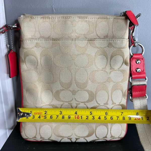 Coach Khaki Signature Canvas Crossbody with Red Leather Trim - Image 7