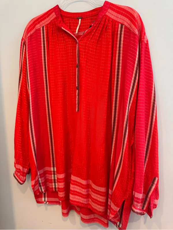 Free People Yarn Dye Lurex Tunic Top Boho Stripe Red Orange XS - Image 3
