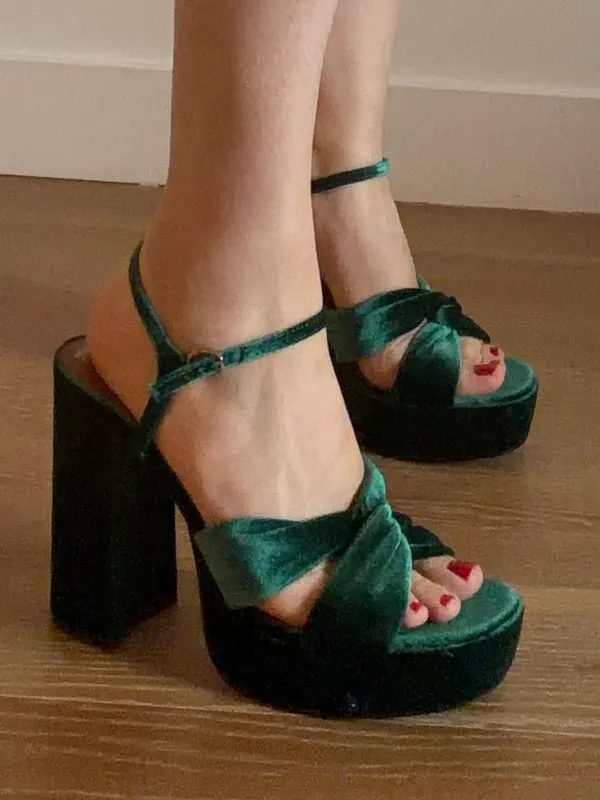Primark Green Velvet Platform Block Heels gently used - Image 4