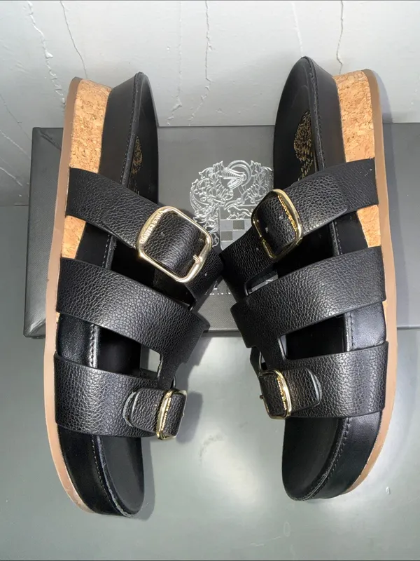 Vince Camuto Freida Black Leather Double Buckle Slide Mules - Image 6