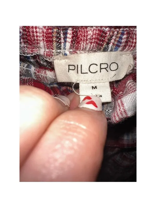 Anthropologie Pilcro Smocked Plaid Off-Shoulder Ruffle Mini Dress M Red White - Image 11