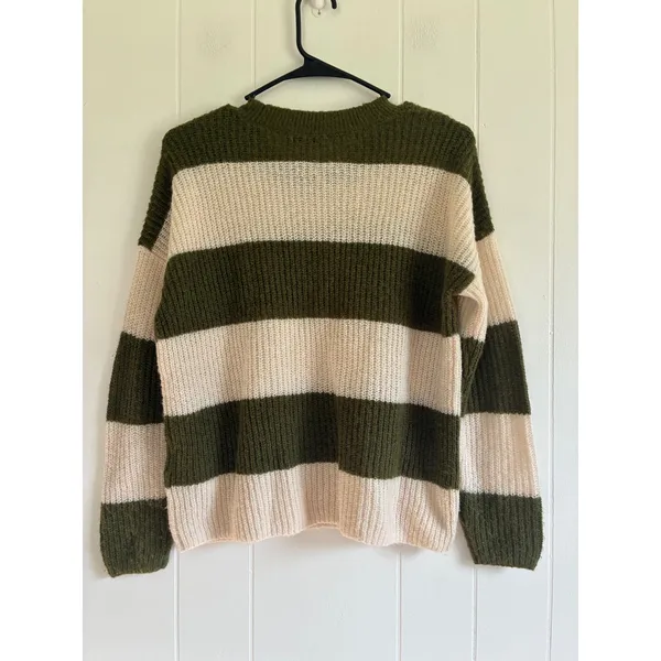 Madewell Womens XS Alpaca Blend Striped Crewneck Sweater Green Cream - Image 2
