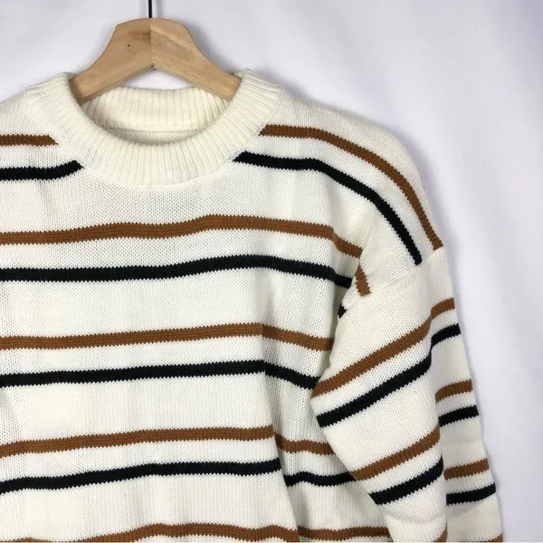 Boutique White‎ & Brown Stripe Crewneck Pullover Sweater M - Image 4