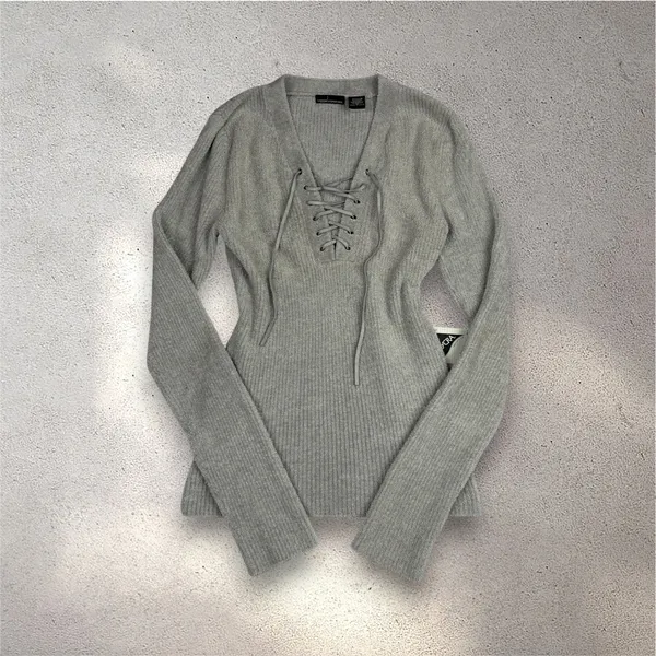VTG Moda International Lace-Up Long Sleeve Women’s M Gray Ribbed Y2K Cozy Grunge - Image 2