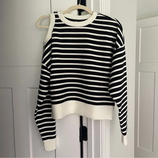 Spanx AirEssentials‎ Cold-Shoulder Top Black White Stripe Long Sleeve - Image 2