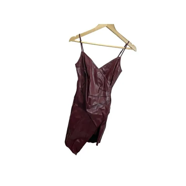 Blue‎ Blush Burgundy Pleather Bodycon Dress with Rushed Side S Assymetrical Hem - Image 3