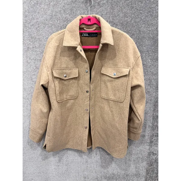 Zara Shirt Jacket Women Medium Camel Tan Oversized Shacket Felted Utility Coat - Image 2